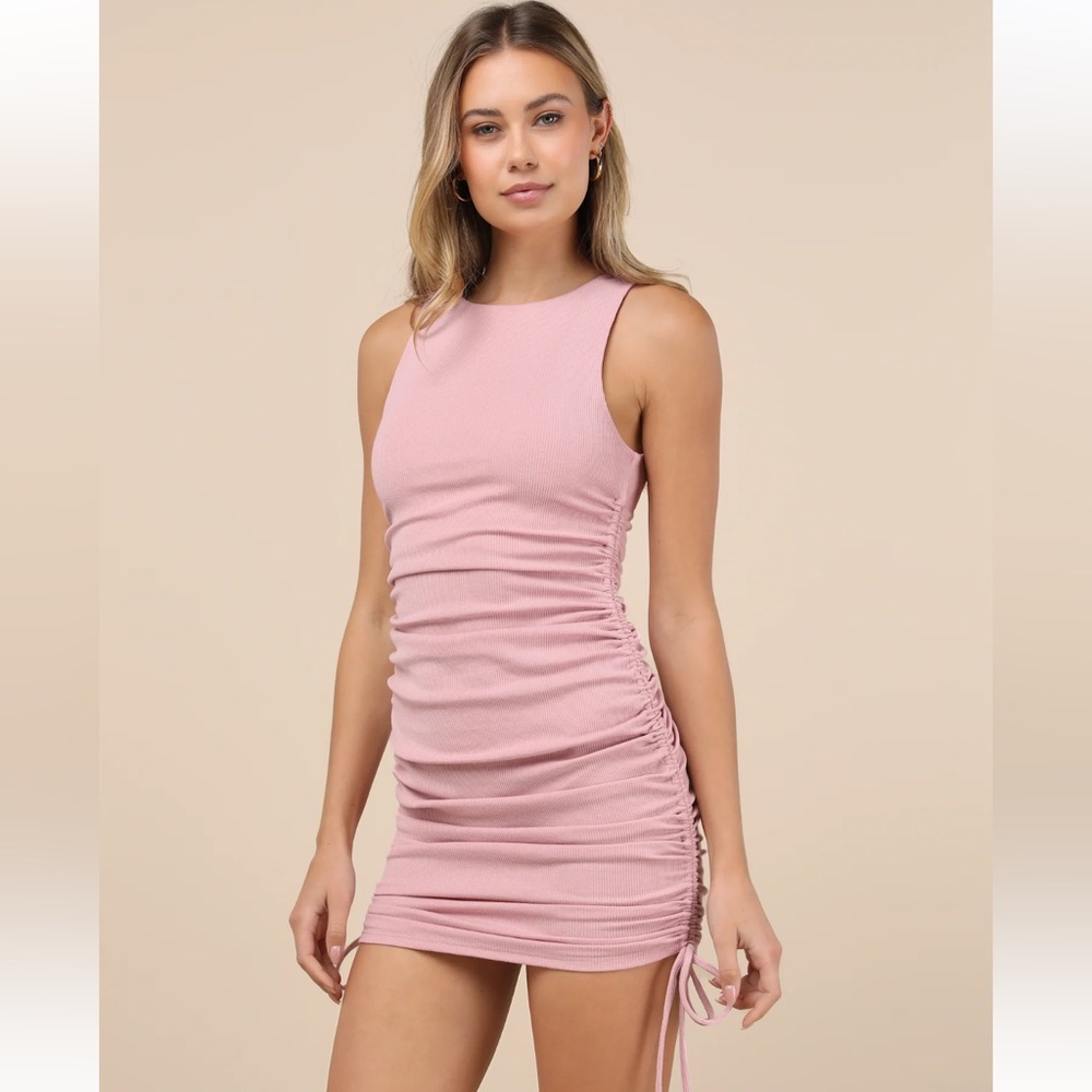 Lulus ribbed drawstring ruched bodycon dress in dusty pink - Picture 8 of 9